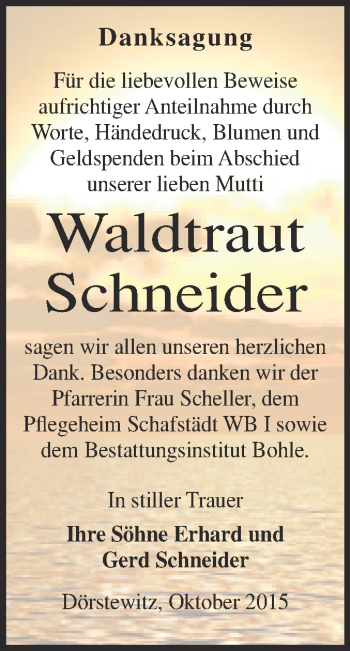 Traueranzeige von Waltraut Schneider von Super Sonntag Merseburg