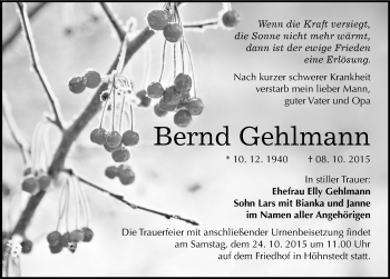 Traueranzeige von Bernd Gehlmann von Mitteldeutsche Zeitung Halle/Saalkreis
