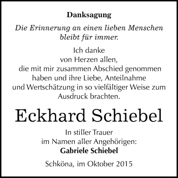 Traueranzeige von Eckhard Schiebel von WVG - Wochenspiegel Wittenberg