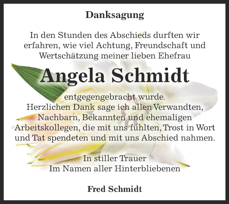  Traueranzeige für Angela Schmidt vom 10.10.2015 aus WVG - Wochenspiegel Dessau / Köthen