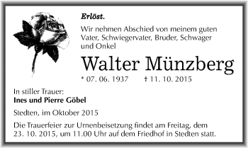 Traueranzeige von Walter Münzberg von Mitteldeutsche Zeitung Mansfelder Land