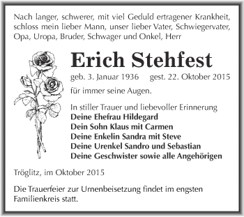 Traueranzeige von Erich Stehfest von Super Sonntag Zeitz