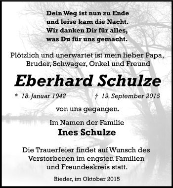 Traueranzeige von Eberhard Schulze von Mitteldeutsche Zeitung Quedlinburg