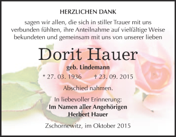 Traueranzeige von Dorit Hauer von WVG - Wochenspiegel Wittenberg