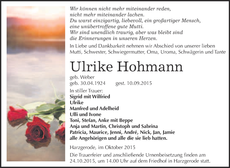  Traueranzeige für Ulrike Hohmann vom 10.10.2015 aus Super Sonntag Quedlinburg