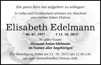 Traueranzeige von Elisabeth Edelmann von Mitteldeutsche Zeitung Dessau-Roßlau