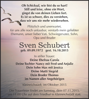 Traueranzeige von Sven Schubert von Super Sonntag Zeitz