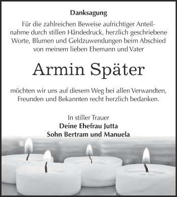 Traueranzeige von Armin Später von WVG - Wochenspiegel NMB / WSF / ZTZ