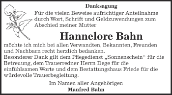 Traueranzeige von Hannelore Bahn von WVG - Wochenspiegel Dessau / Köthen