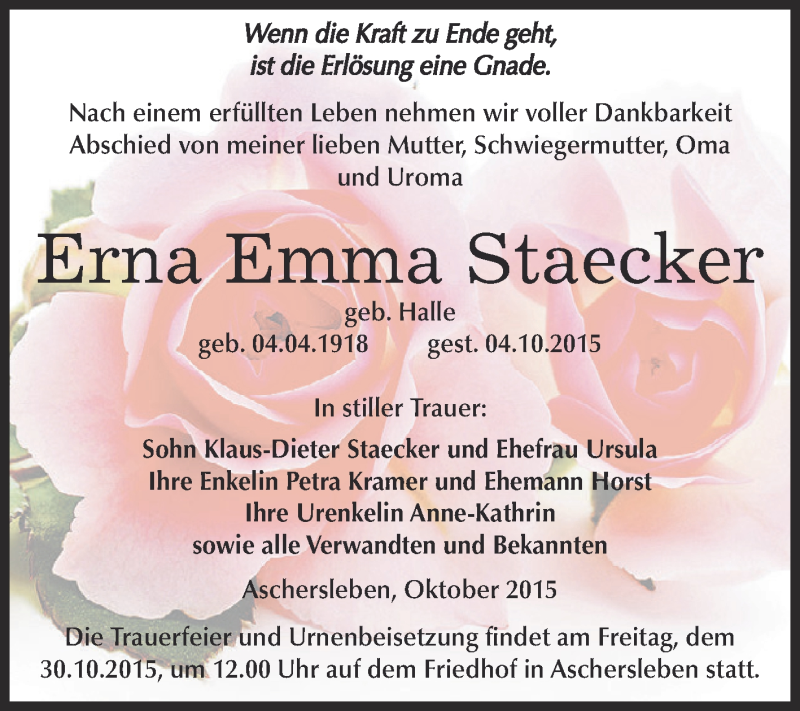  Traueranzeige für Erna Emma Staecker vom 10.10.2015 aus Super Sonntag Aschersleben