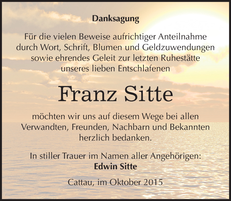  Traueranzeige für Franz Sitte vom 30.10.2015 aus Mitteldeutsche Zeitung Köthen