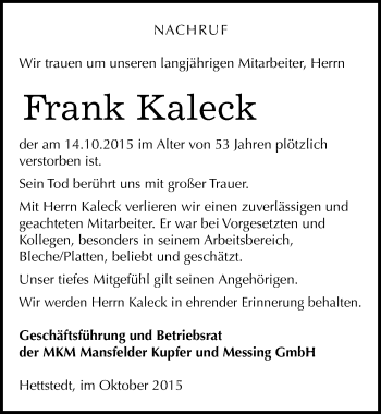 Traueranzeige von Frank Kaleck von Mitteldeutsche Zeitung Mansfelder Land