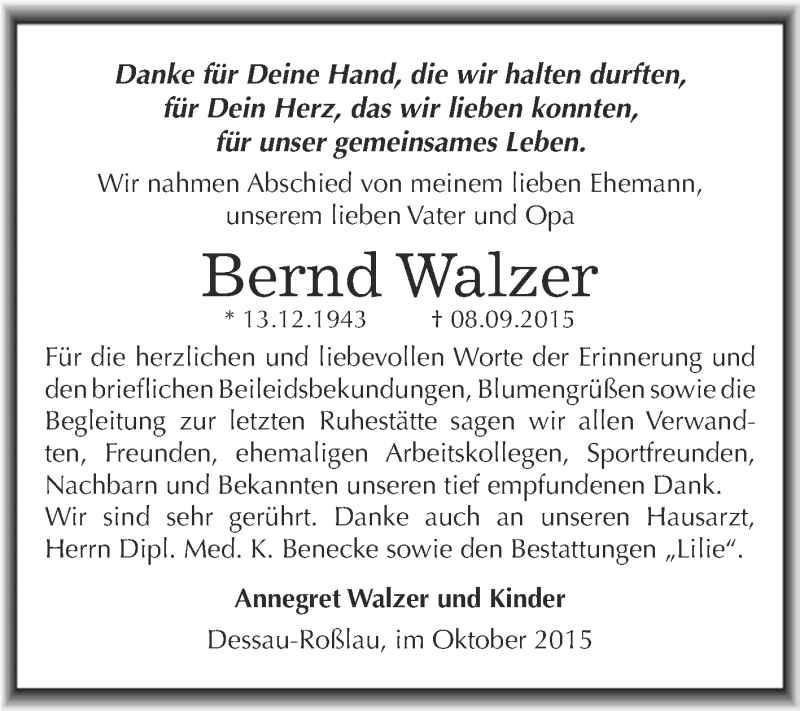  Traueranzeige für Bernd Walzer vom 17.10.2015 aus WVG - Wochenspiegel Dessau / Köthen