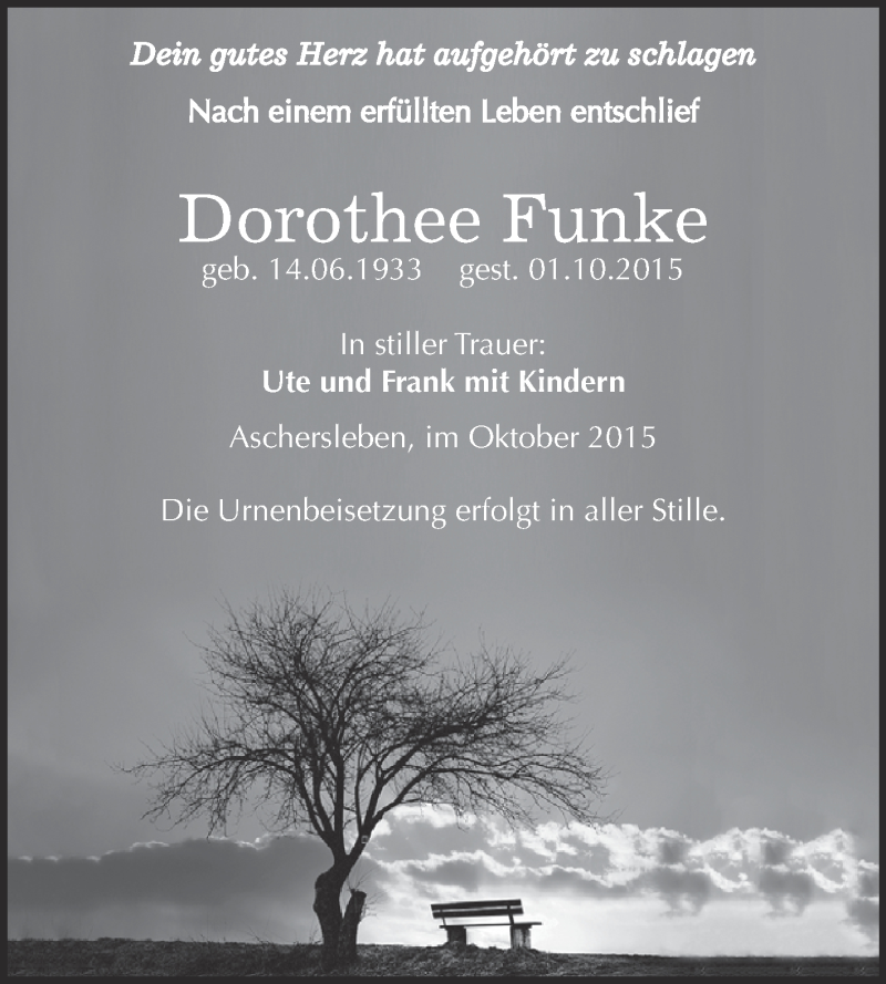  Traueranzeige für Dorothee Funke vom 07.10.2015 aus Super Sonntag Aschersleben