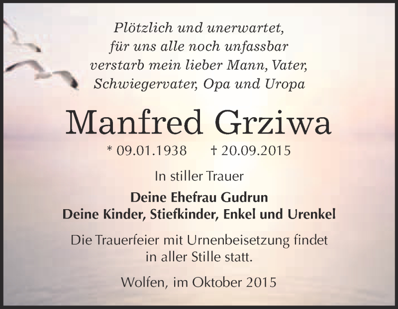  Traueranzeige für Manfred Grziwa vom 07.10.2015 aus WVG - Wochenspiegel Bitterfeld