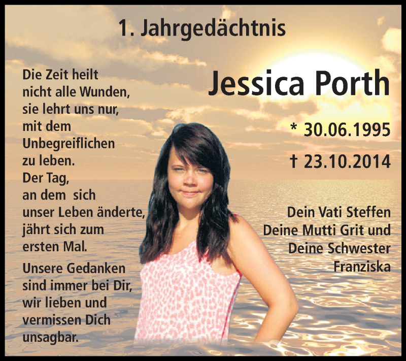  Traueranzeige für Jessica Porth vom 24.10.2015 aus Super Sonntag SGH Mansf. Land