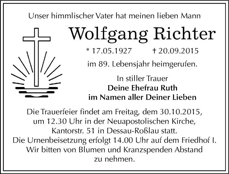  Traueranzeige für Wolfgang Richter vom 07.10.2015 aus Mitteldeutsche Zeitung Dessau-Roßlau