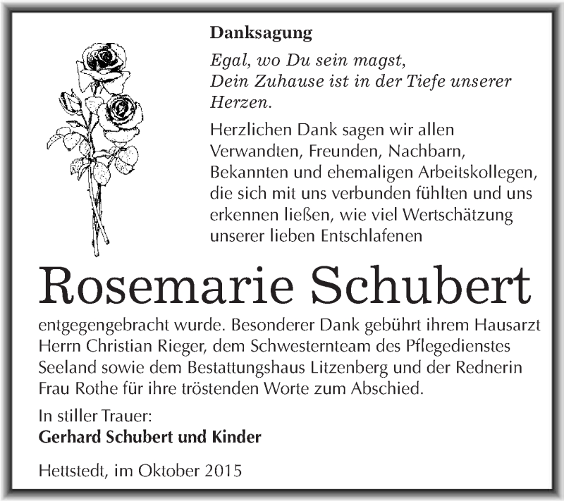  Traueranzeige für Rosemarie Schubert vom 07.10.2015 aus Wochenspiegel Mansfelder Land