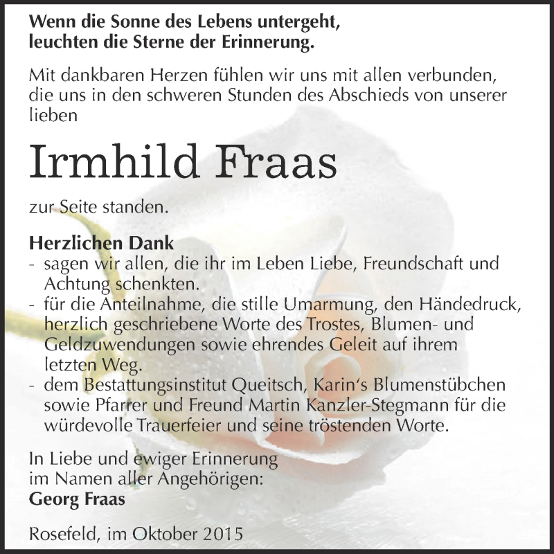  Traueranzeige für Irmhild Fraas vom 10.10.2015 aus WVG - Wochenspiegel Dessau / Köthen