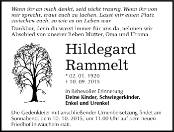 Traueranzeige von Hildegard Rammelt von Mitteldeutsche Zeitung Merseburg/Querfurt
