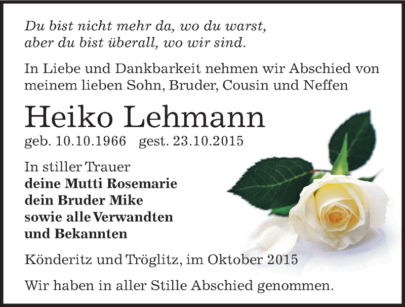  Traueranzeige für Heiko Lehmann vom 30.10.2015 aus Mitteldeutsche Zeitung Zeitz