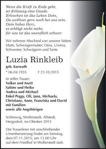 Traueranzeige von Luzia Rinkleib von Mitteldeutsche Zeitung Sangerhausen