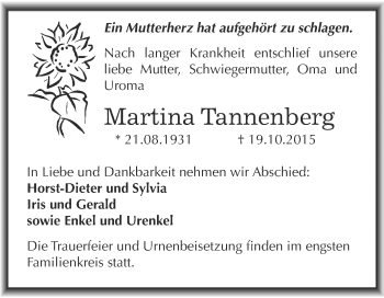 Traueranzeige von Martina Tannenberg von Wochenspiegel Mansfelder Land