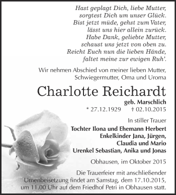 Traueranzeige von Charlotte Reichardt von WVG - Wochenspiegel Merseburg