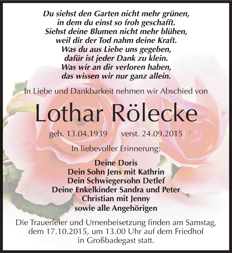  Traueranzeige für Lothar Rölecke vom 10.10.2015 aus Mitteldeutsche Zeitung Köthen
