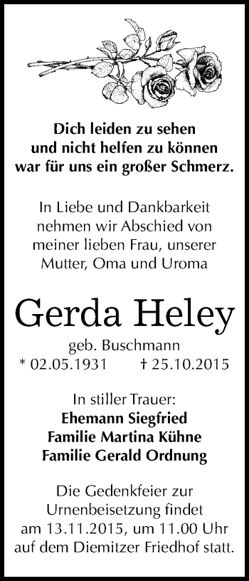 Traueranzeige von Gerda Heley von Mitteldeutsche Zeitung Halle/Saalkreis