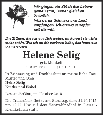 Traueranzeige von Helene Selig von WVG - Wochenspiegel Dessau / Köthen