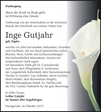 Traueranzeige von Inge Gutjahr von WVG - Wochenspiegel Quedlinburg