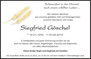 Traueranzeige von Siegfried Göschel von Mitteldeutsche Zeitung Sangerhausen
