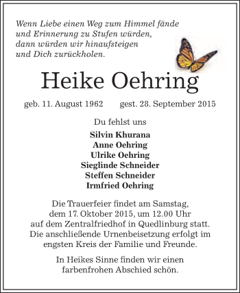 Traueranzeige von Heike Oehring von WVG - Wochenspiegel Quedlinburg