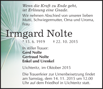 Traueranzeige von Irmgard Nolte von Mitteldeutsche Zeitung Weißenfels