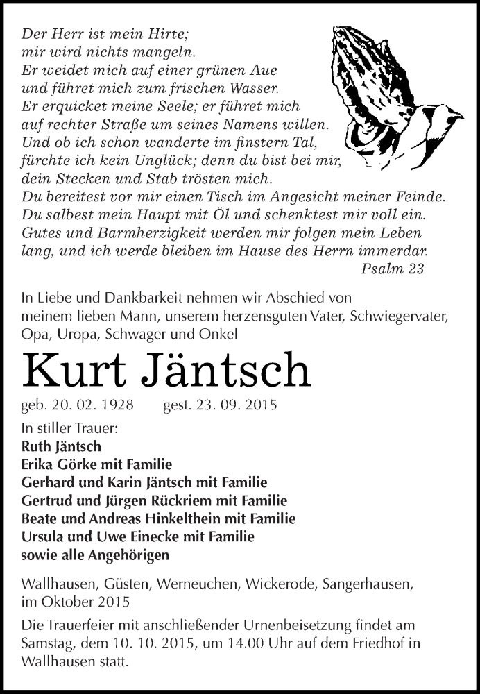  Traueranzeige für Kurt Jäntsch vom 03.10.2015 aus Super Sonntag SGH Mansf. Land