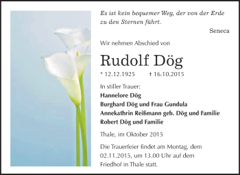 Traueranzeige von Rudolf Dög von WVG - Wochenspiegel Quedlinburg