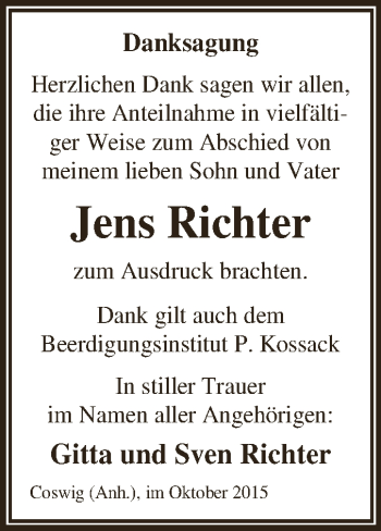 Traueranzeige von Jens Richter von WVG - Wochenspiegel Dessau / Köthen