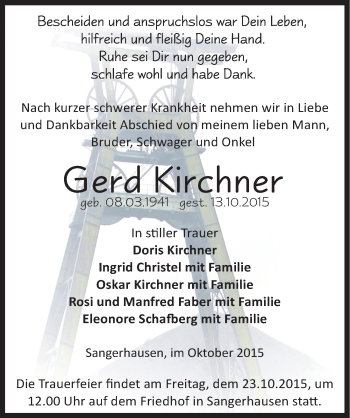 Traueranzeige von Gerd Kirchner von Mitteldeutsche Zeitung Sangerhausen