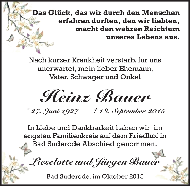  Traueranzeige für Heinz Bauer vom 10.10.2015 aus Mitteldeutsche Zeitung Quedlinburg