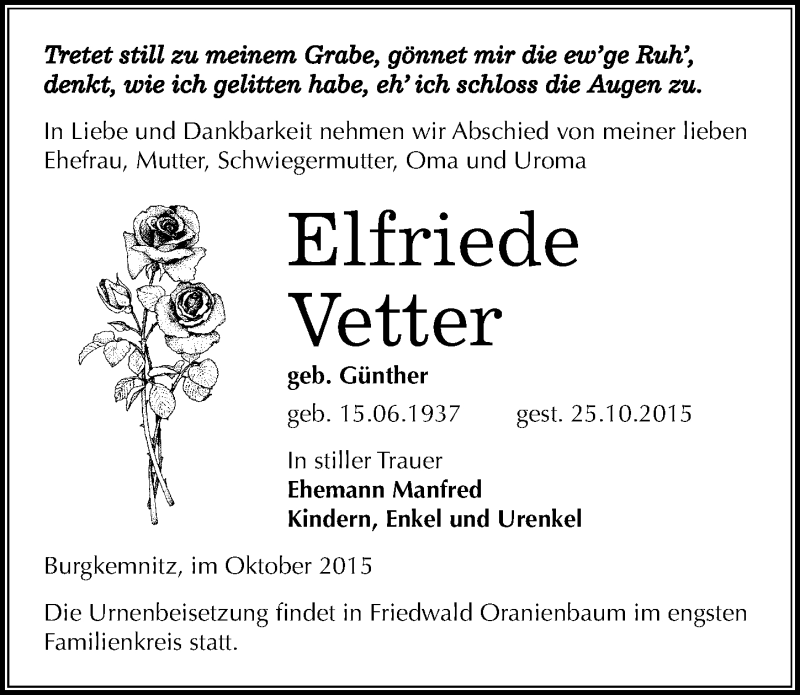  Traueranzeige für Elfriede Vetter vom 30.10.2015 aus Mitteldeutsche Zeitung Bitterfeld