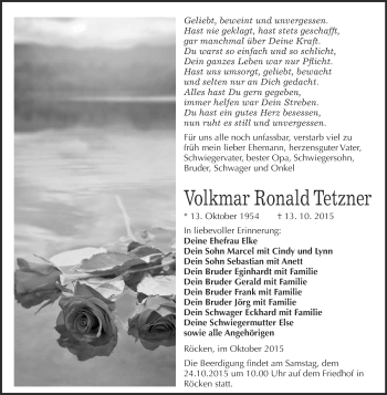 Traueranzeige von Volkmar Ronald Tetzner von Super Sonntag Merseburg