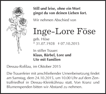 Traueranzeige von Inge-Lore Föse von WVG - Wochenspiegel Dessau / Köthen