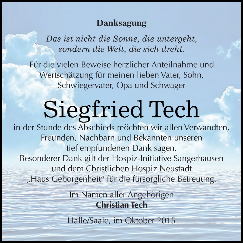  Traueranzeige für Siegfried Tech vom 14.10.2015 aus WVG - Wochenspiegel SGH