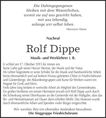 Traueranzeige von Rolf Dippe von Super Sonntag Quedlinburg