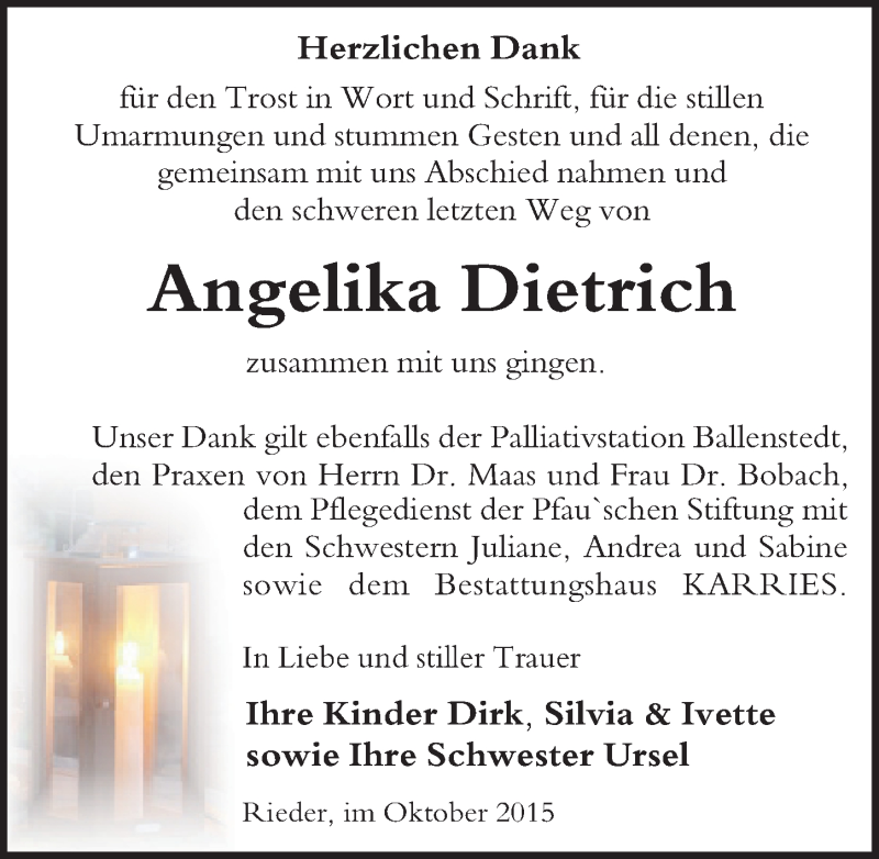  Traueranzeige für Angelika Dietrich vom 17.10.2015 aus Mitteldeutsche Zeitung Quedlinburg