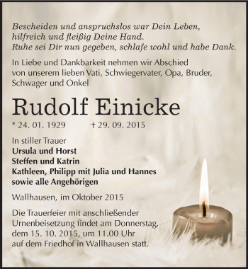 Traueranzeige von Rudolf Einicke von Mitteldeutsche Zeitung Sangerhausen