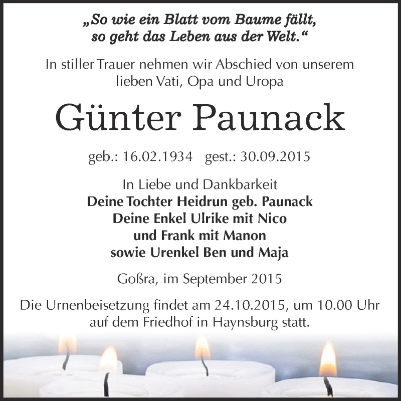 Traueranzeige für Günter Paunack vom 10.10.2015 aus Super Sonntag Zeitz