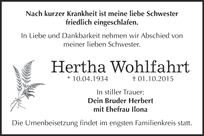  Traueranzeige für Hertha Wohlfahrt vom 28.10.2015 aus WVG - Wochenspiegel Dessau / Köthen