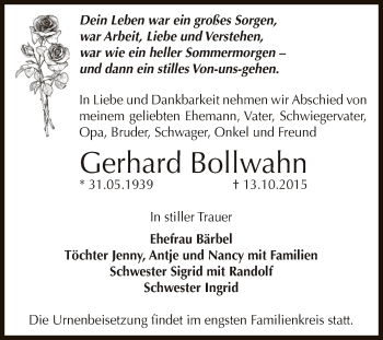 Traueranzeige von Gerhard Bollwahn von WVG - Wochenspiegel Dessau / Köthen